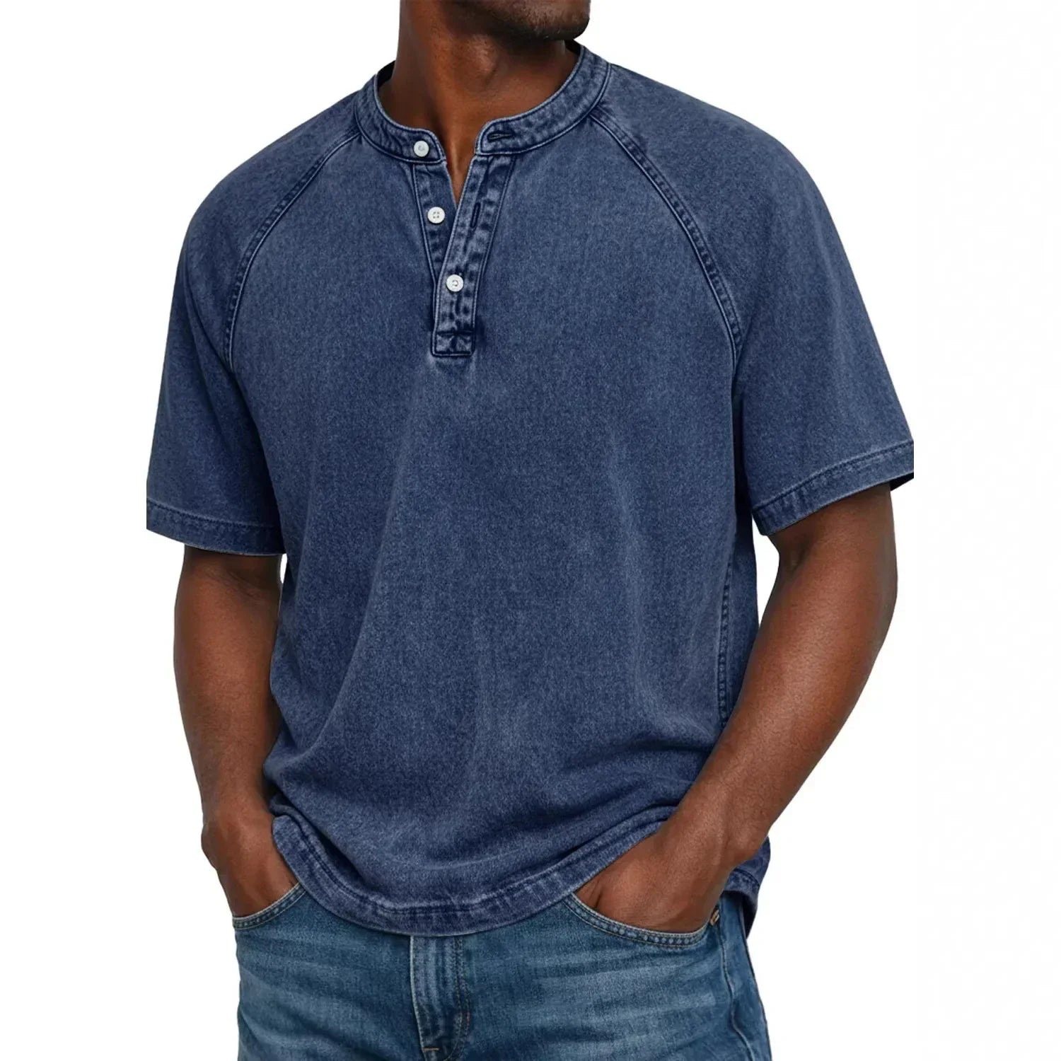 Washed Henley T-Shirt with Raglan Sleeves