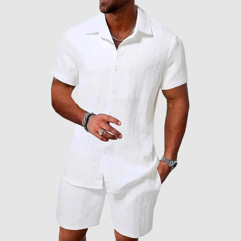 Men's Short Sleeve Shirt and Shorts Set in Textured Cotton