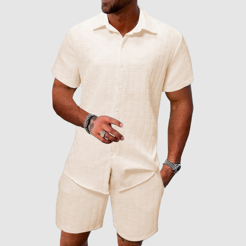 Men's Short Sleeve Shirt and Shorts Set in Textured Cotton