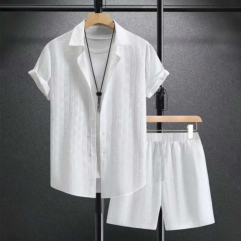 Men's Short Sleeve Shirt and Shorts Set in Textured Cotton