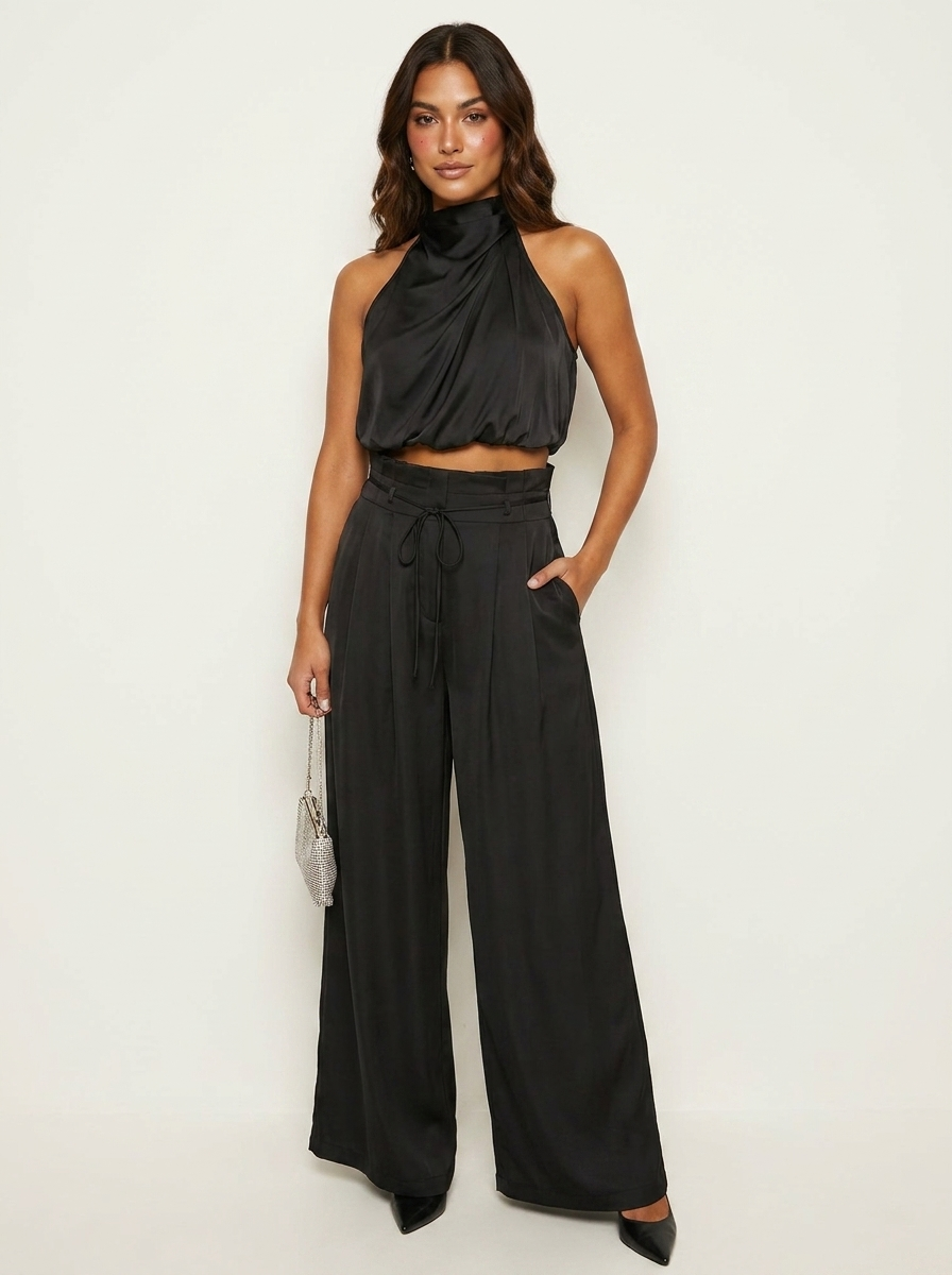 Women's Halter Top & Wide Leg Trousers Set | Satin Two Piece