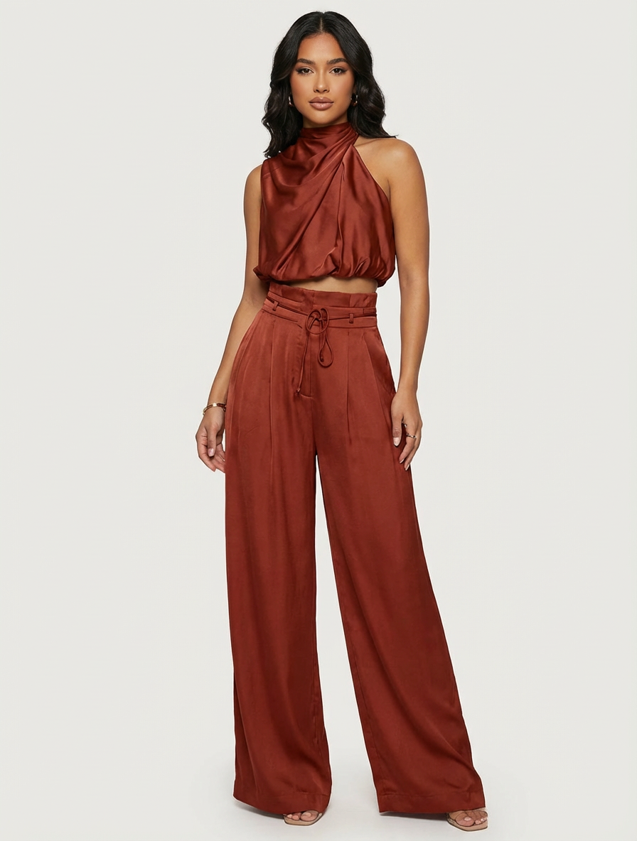 Women's Halter Top & Wide Leg Trousers Set | Satin Two Piece
