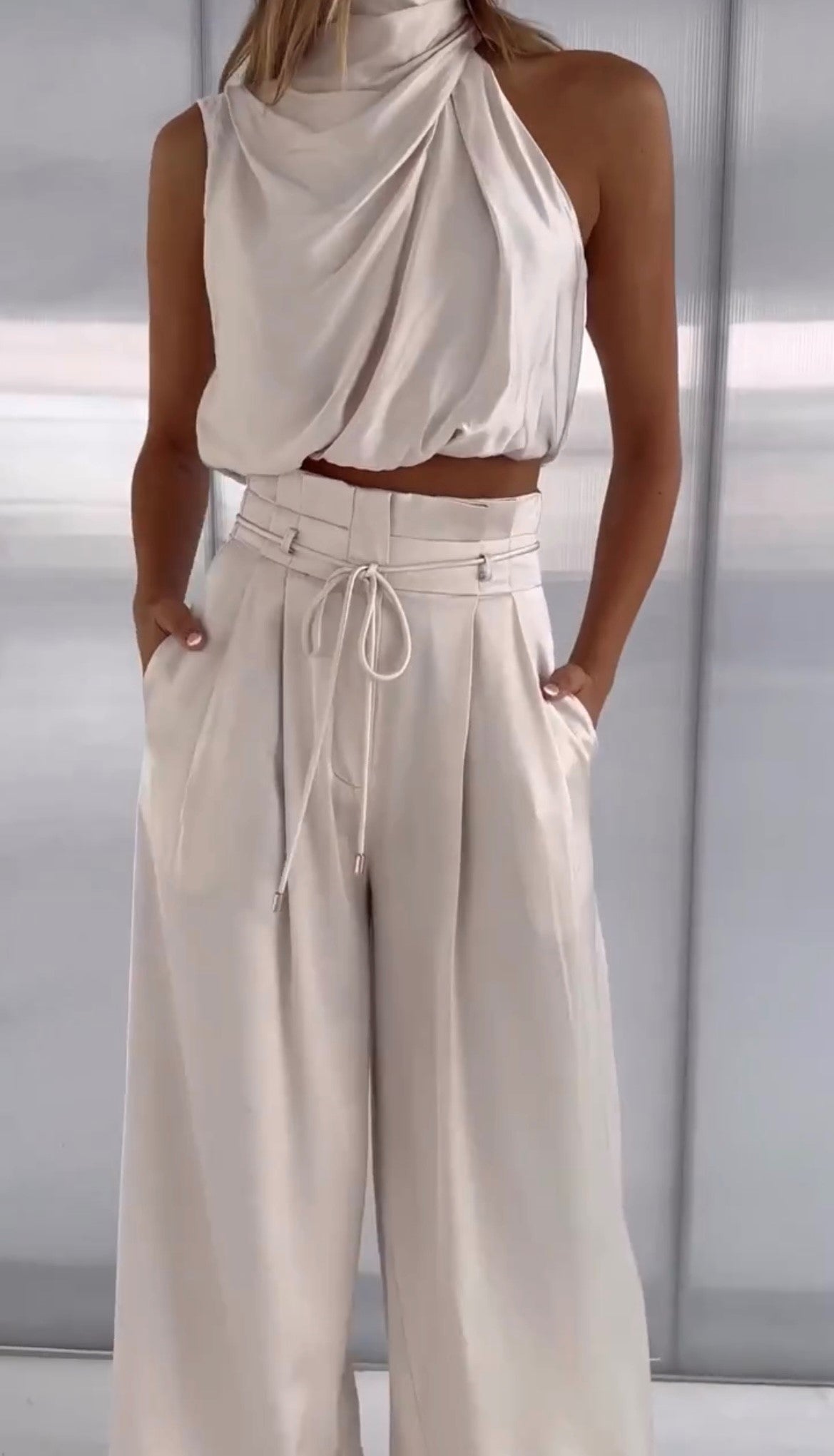 Women's Halter Top & Wide Leg Trousers Set | Satin Two Piece