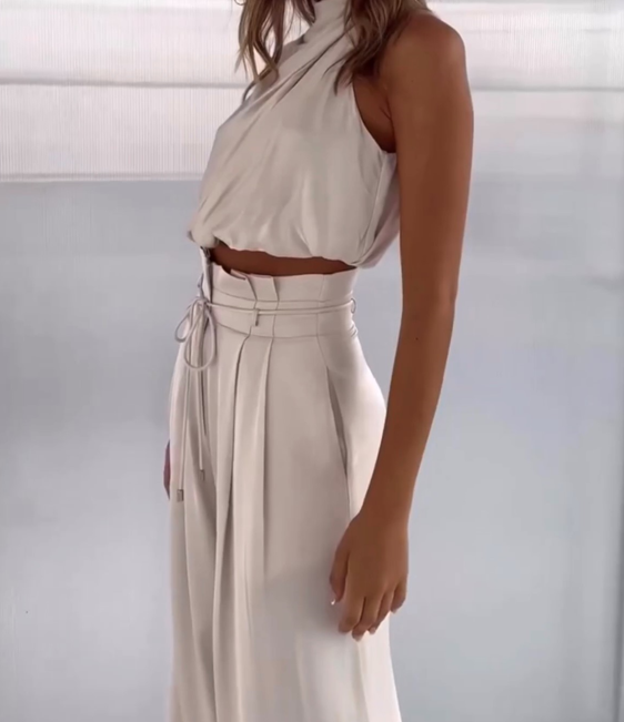 Women's Halter Top & Wide Leg Trousers Set | Satin Two Piece