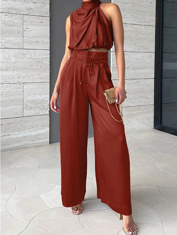 Women's Halter Top & Wide Leg Trousers Set | Satin Two Piece