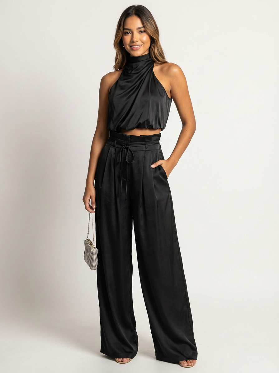 Women's Halter Top & Wide Leg Trousers Set | Satin Two Piece