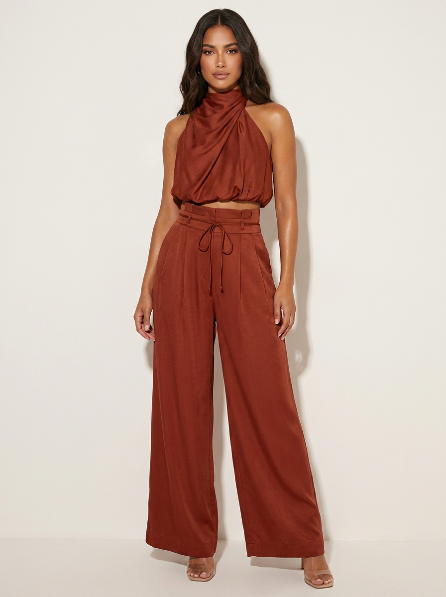 Women's Halter Top & Wide Leg Trousers Set | Satin Two Piece