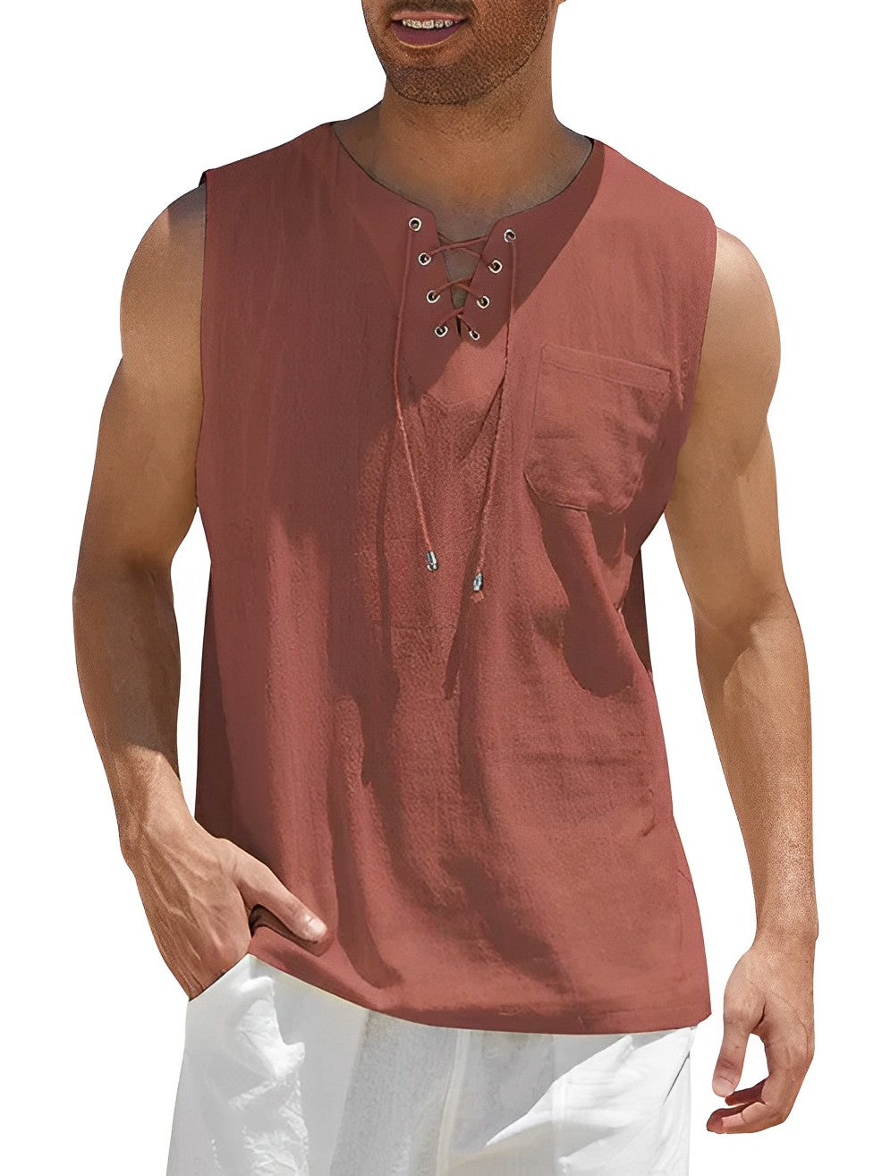 Lace-Up Tank Top with Chest Pocket