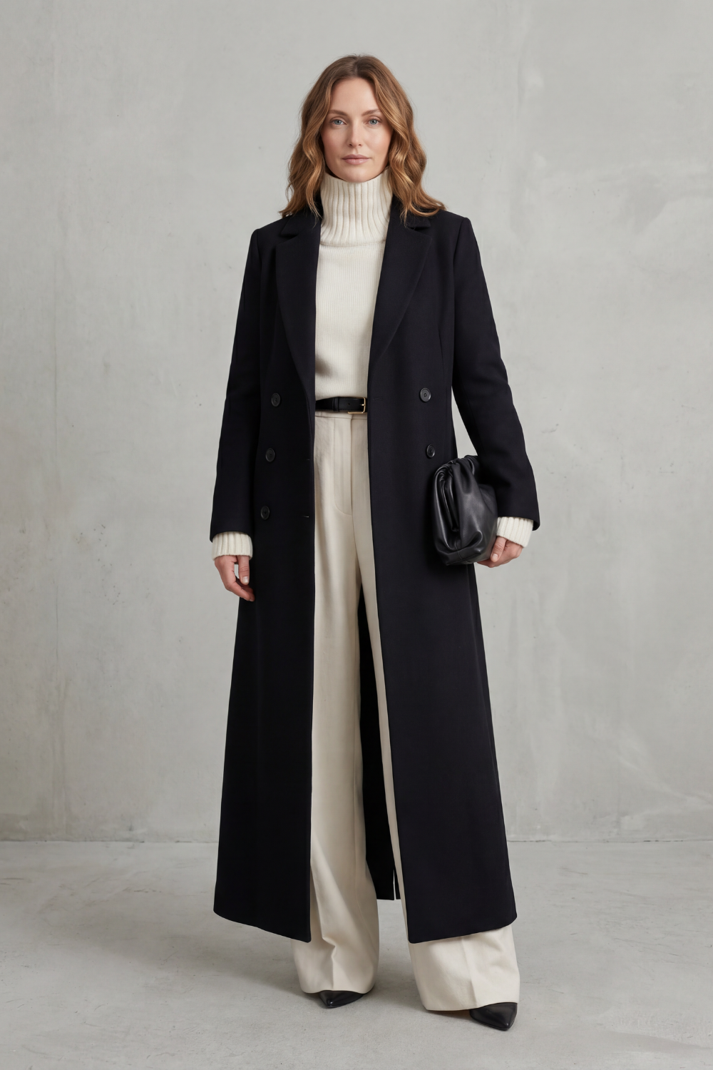 Manteau long ajusté pour femme en mélange de laine avec devant croisé