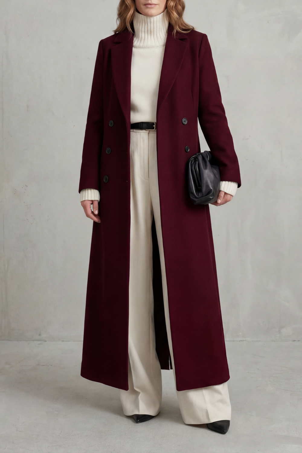 Manteau long ajusté pour femme en mélange de laine avec devant croisé