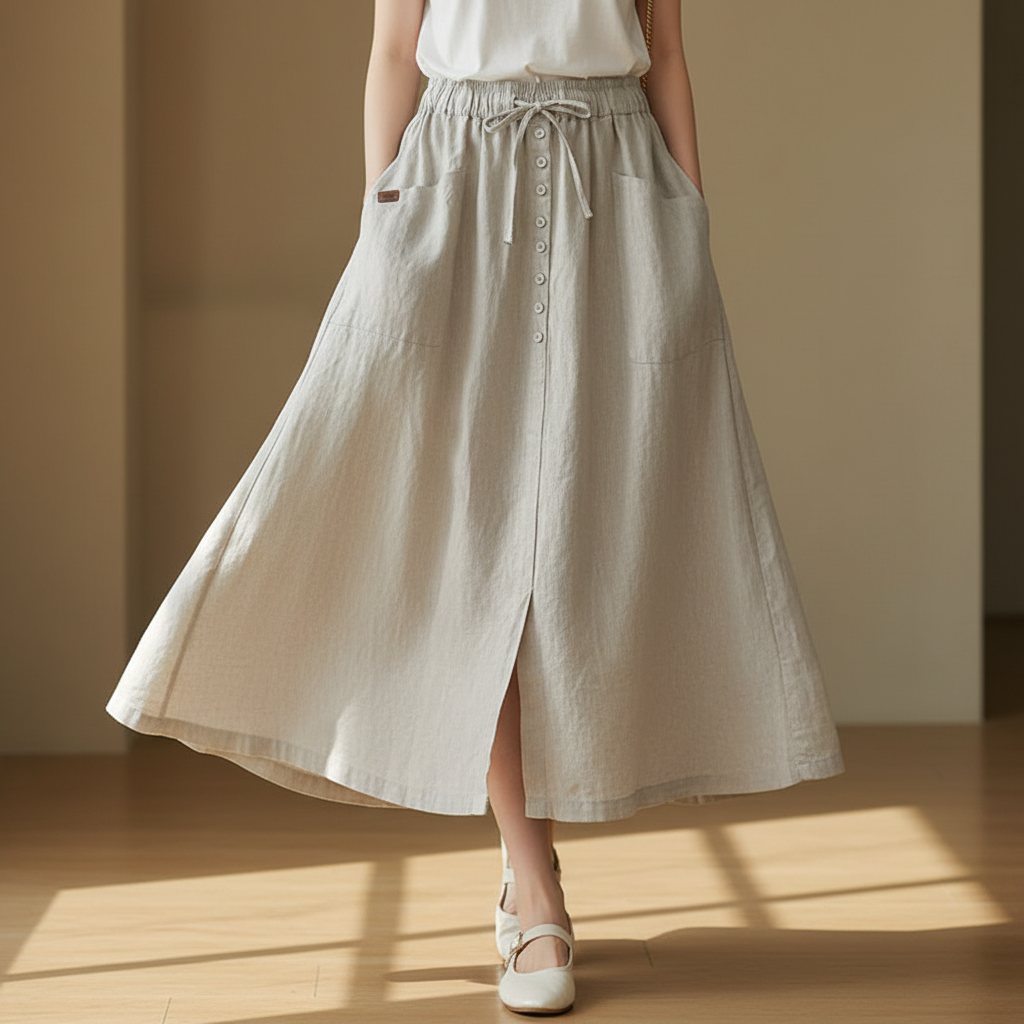 Women's Linen Blend Button Front Midi Skirt