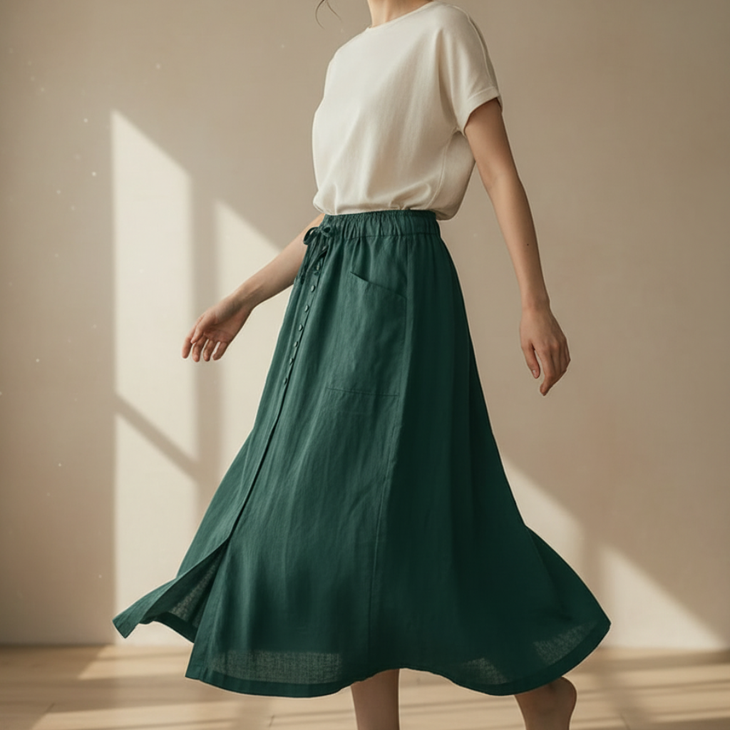 Women's Linen Blend Button Front Midi Skirt