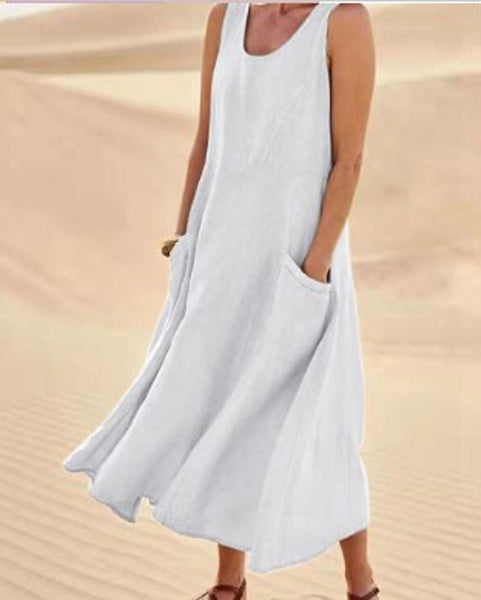 Sleeveless Midi Dress with Side Pockets and A-Line Fit