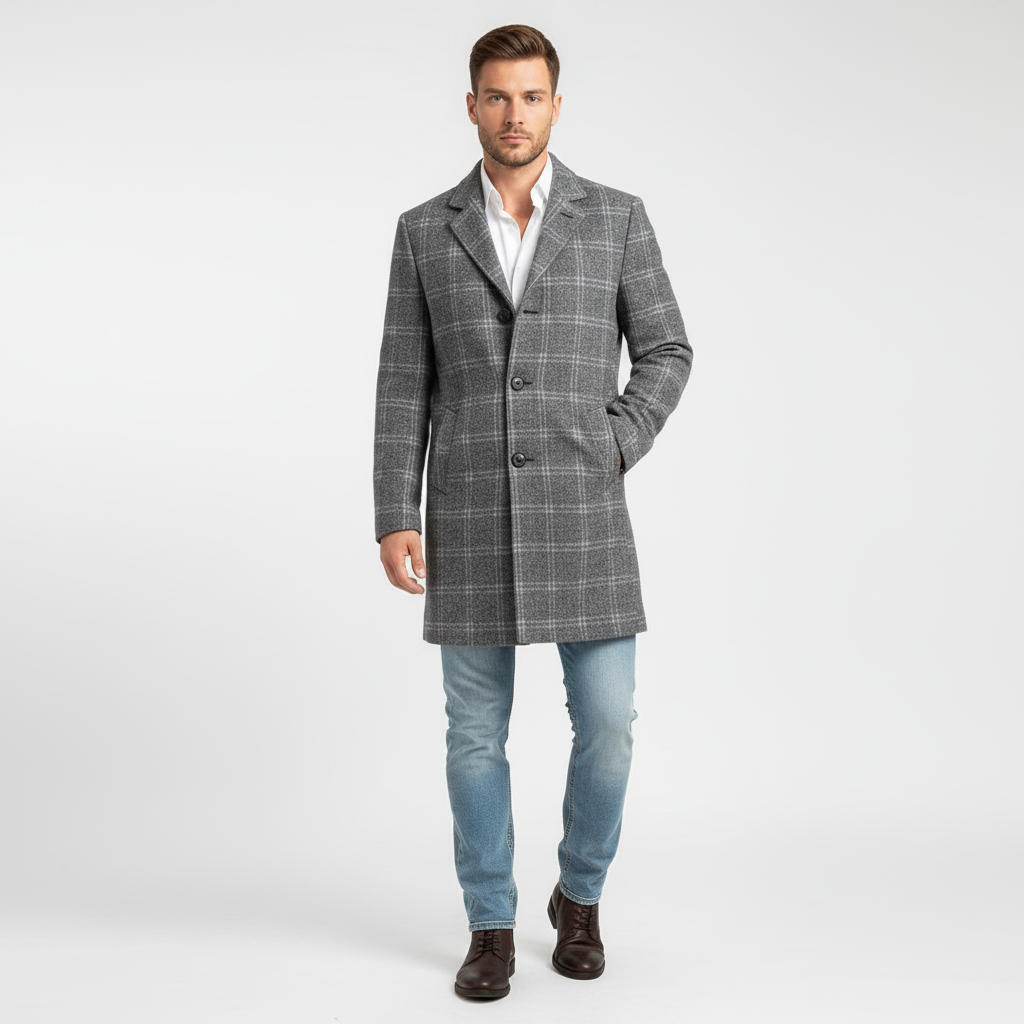 Męski płaszcz w kratę z domieszką wełny | Elegancki płaszcz o kroju krawieckim