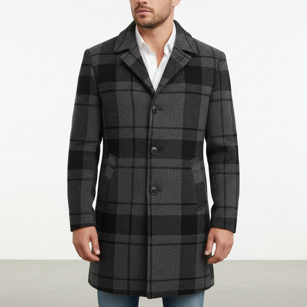 Męski płaszcz w kratę z domieszką wełny | Elegancki płaszcz o kroju krawieckim