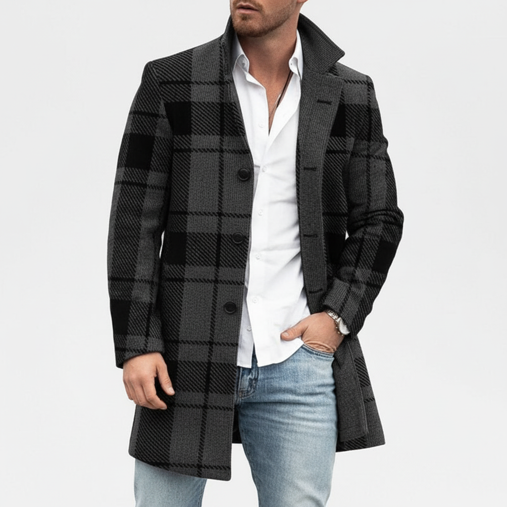 Męski płaszcz w kratę z domieszką wełny | Elegancki płaszcz o kroju krawieckim
