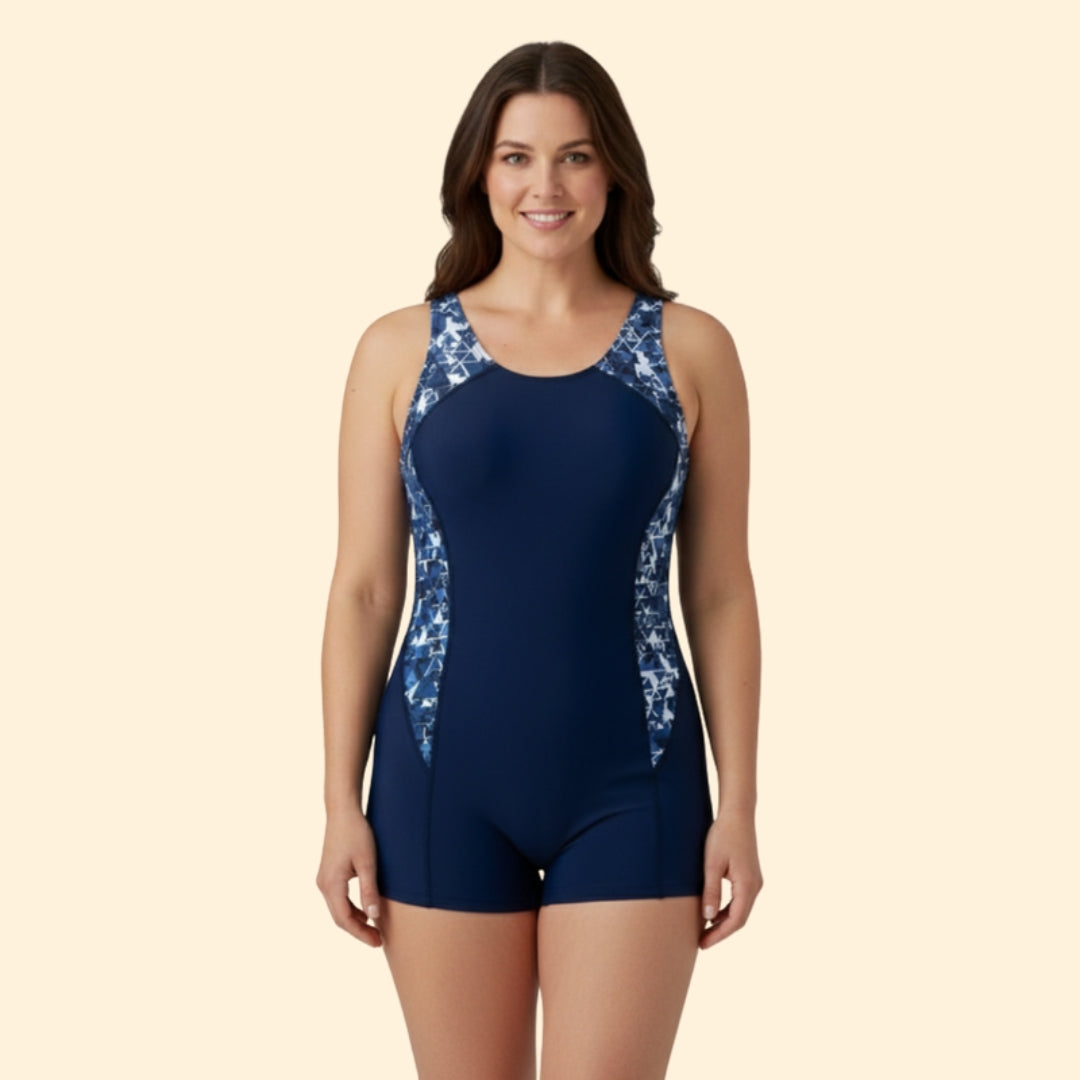 Athletic One-Piece Swimsuit with Racerback and Built-In Shorts