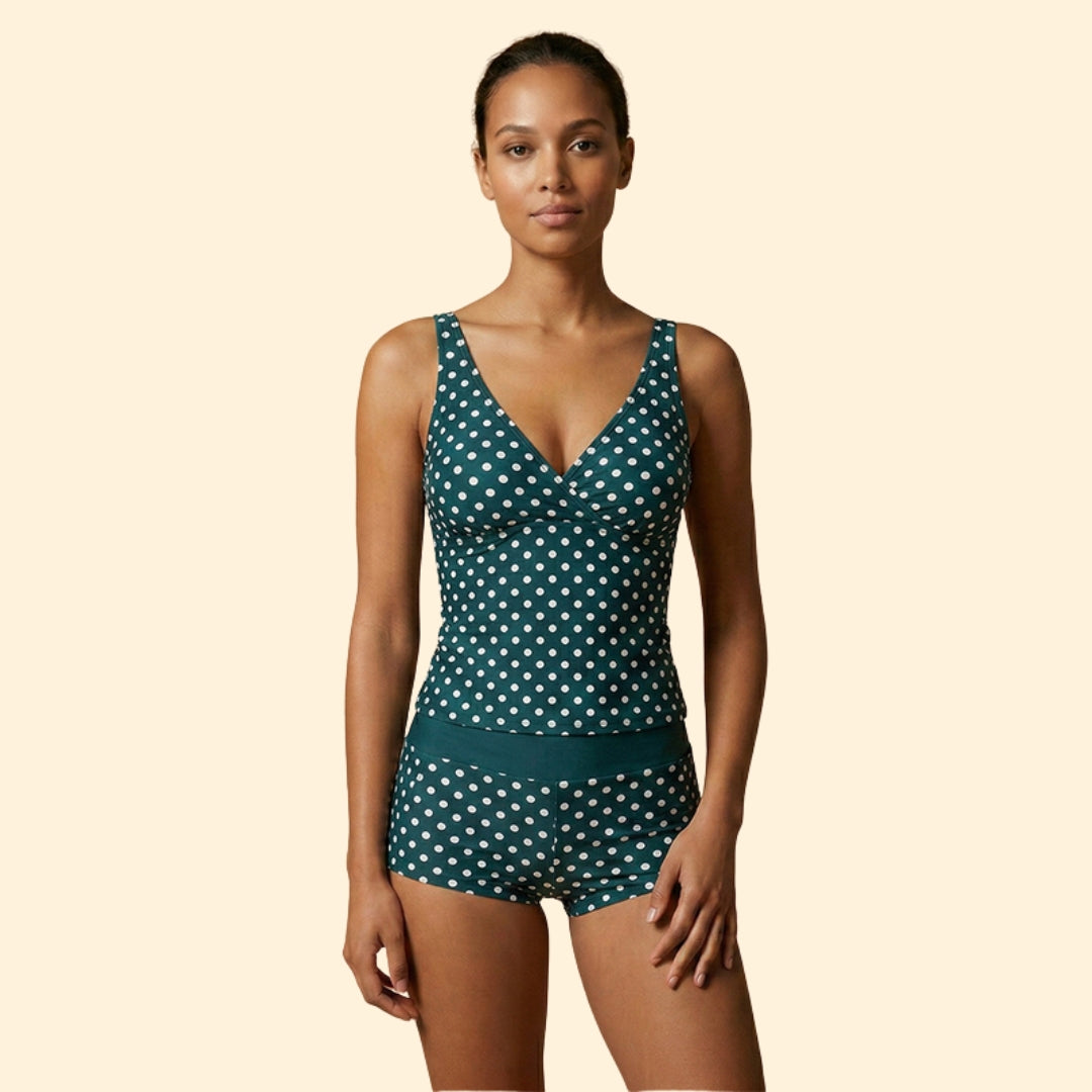 Polka Dot Tankini Set with Shorts and V-Neck Top