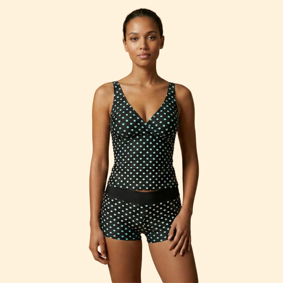 Polka Dot Tankini Set with Shorts and V-Neck Top