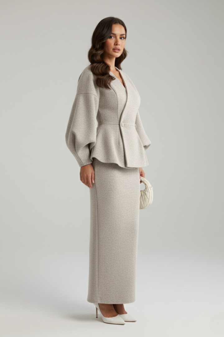 Women's V-Neck Peplum Blazer & Maxi Skirt Co-Ord Set