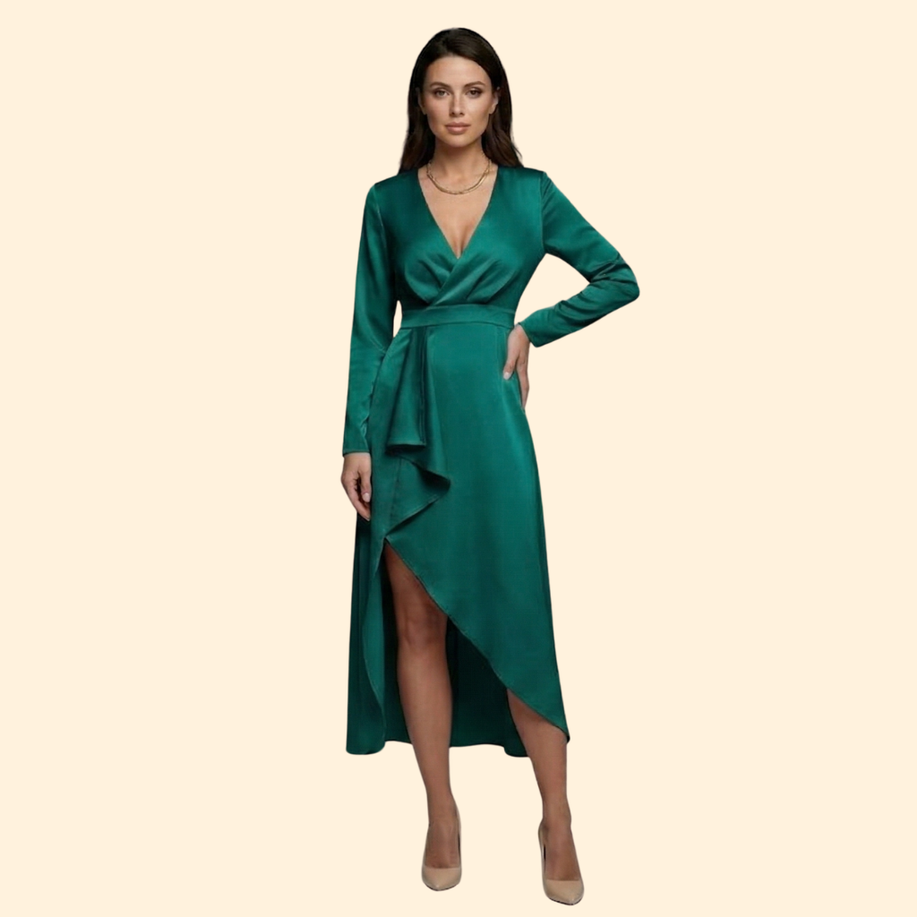 Women's Red Wrap Midi Dress with V-Neckline