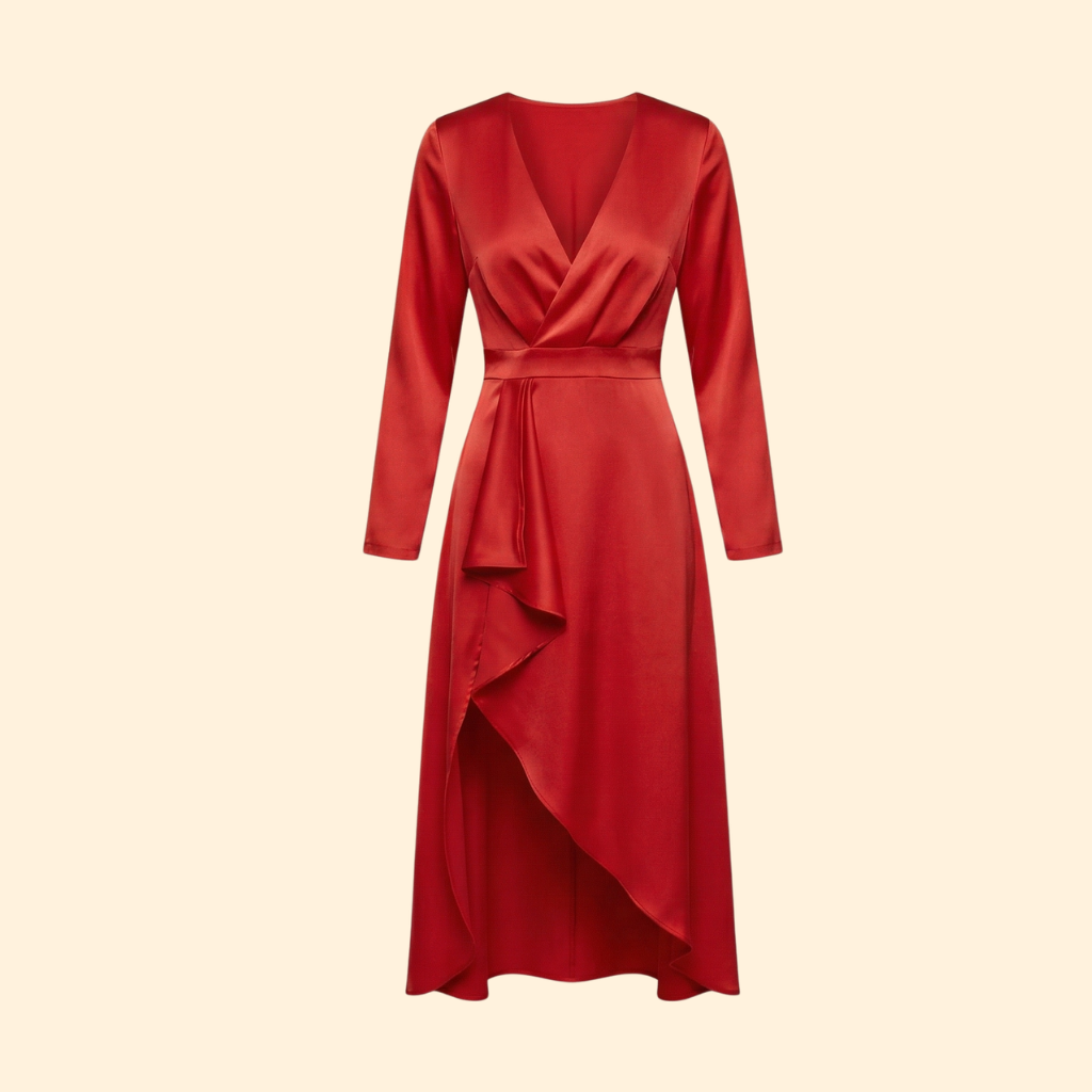 Women's Red Wrap Midi Dress with V-Neckline