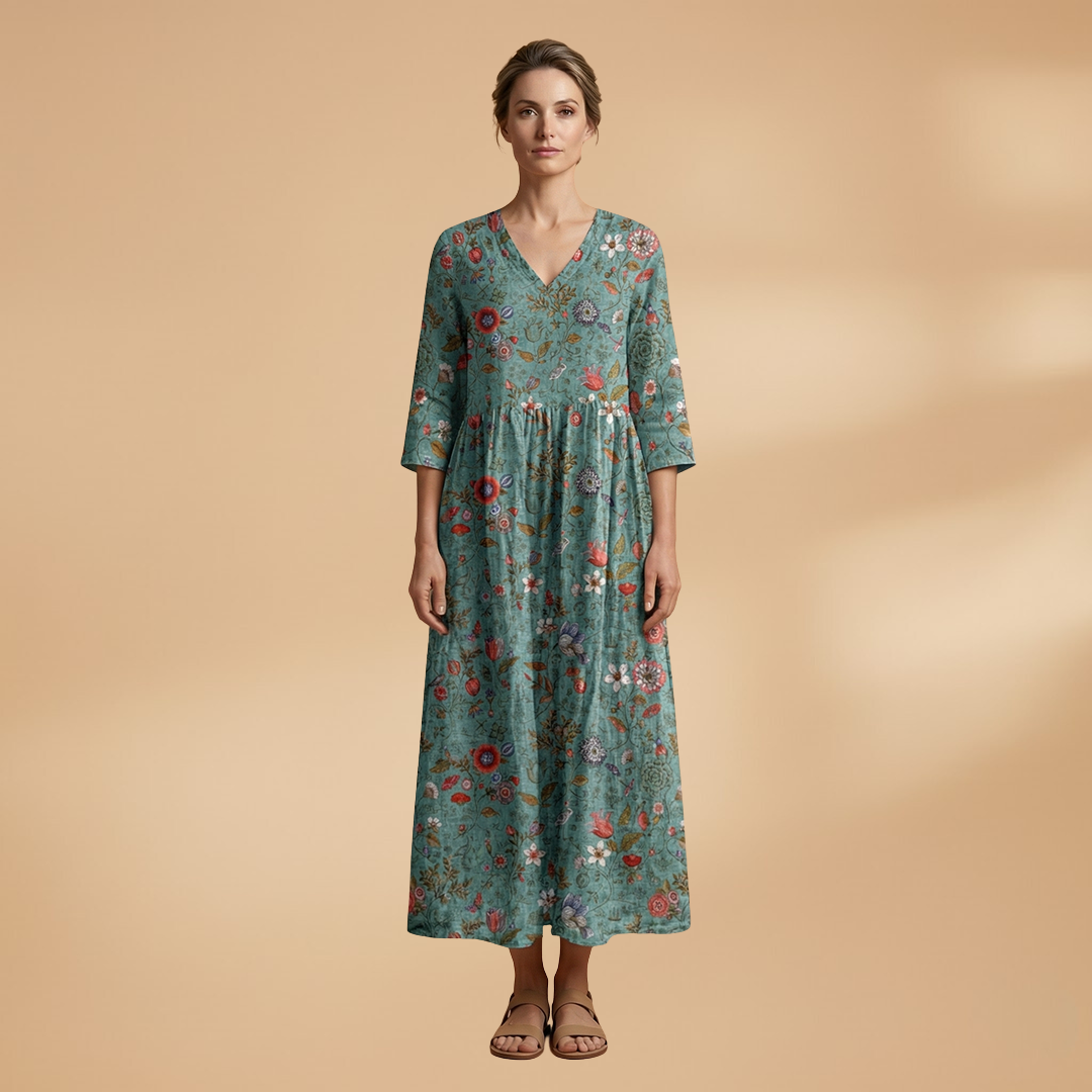 Women's Floral Print Linen Maxi Dress
