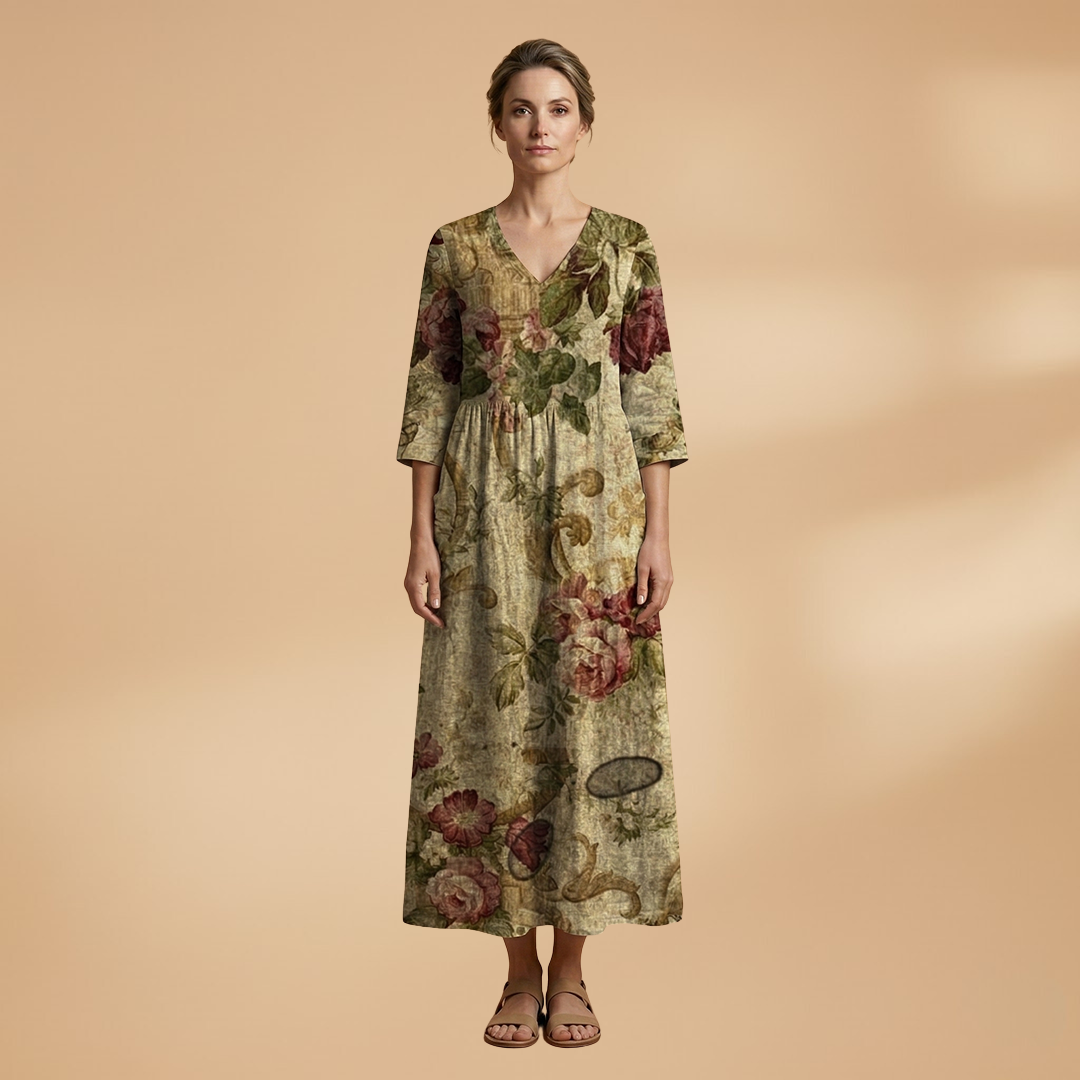 Women's Floral Print Linen Maxi Dress