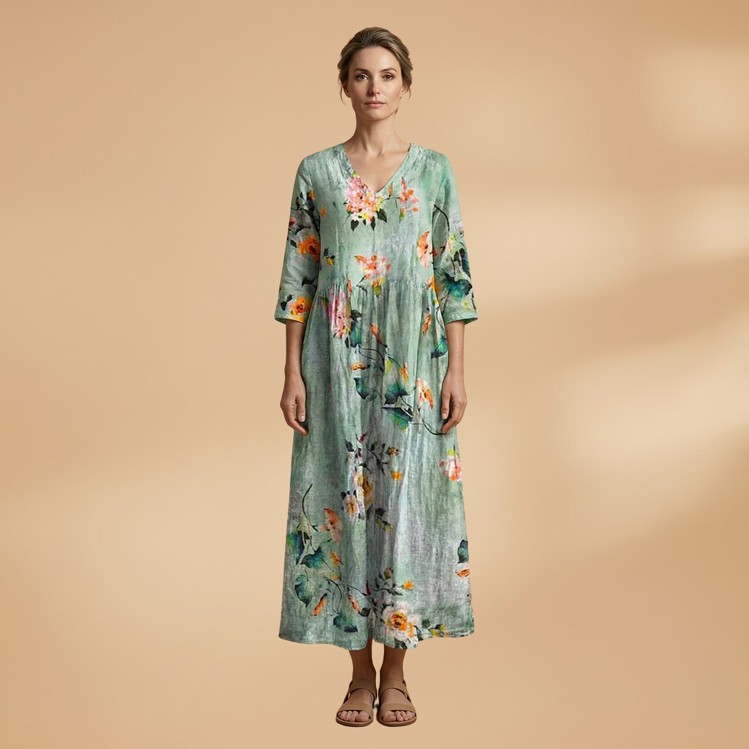 Women's Floral Print Linen Maxi Dress
