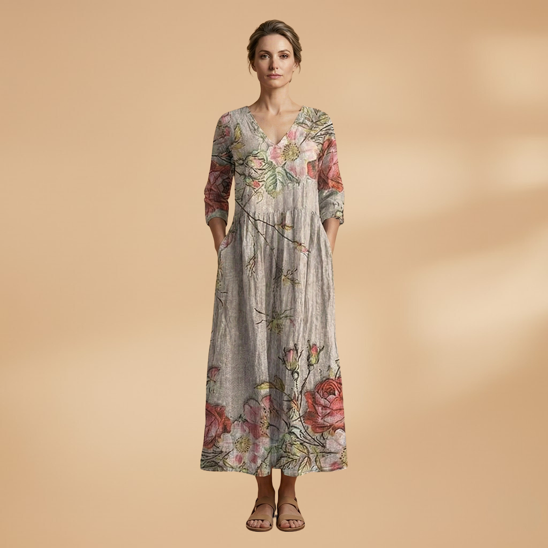 Women's Floral Print Linen Maxi Dress