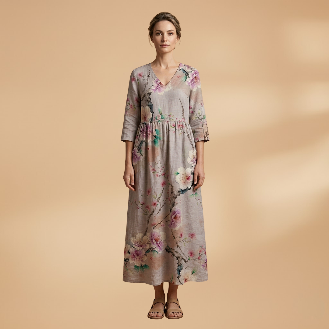 Women's Floral Print Linen Maxi Dress