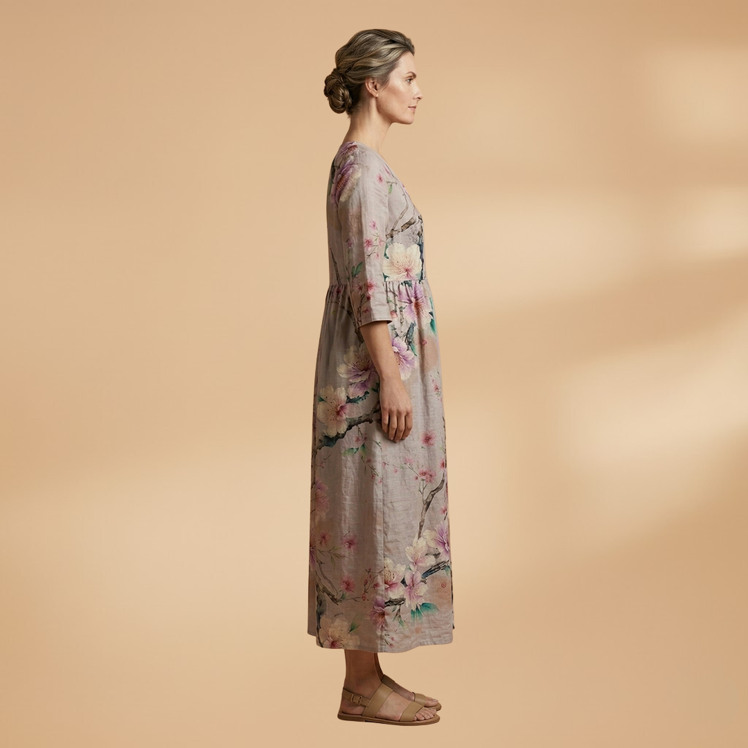 Women's Floral Print Linen Maxi Dress