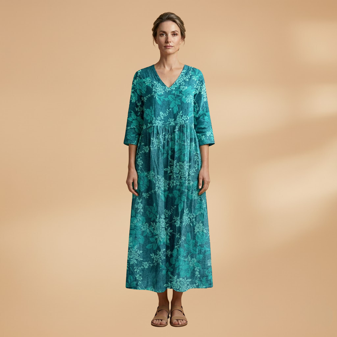 Women's Floral Print Linen Maxi Dress