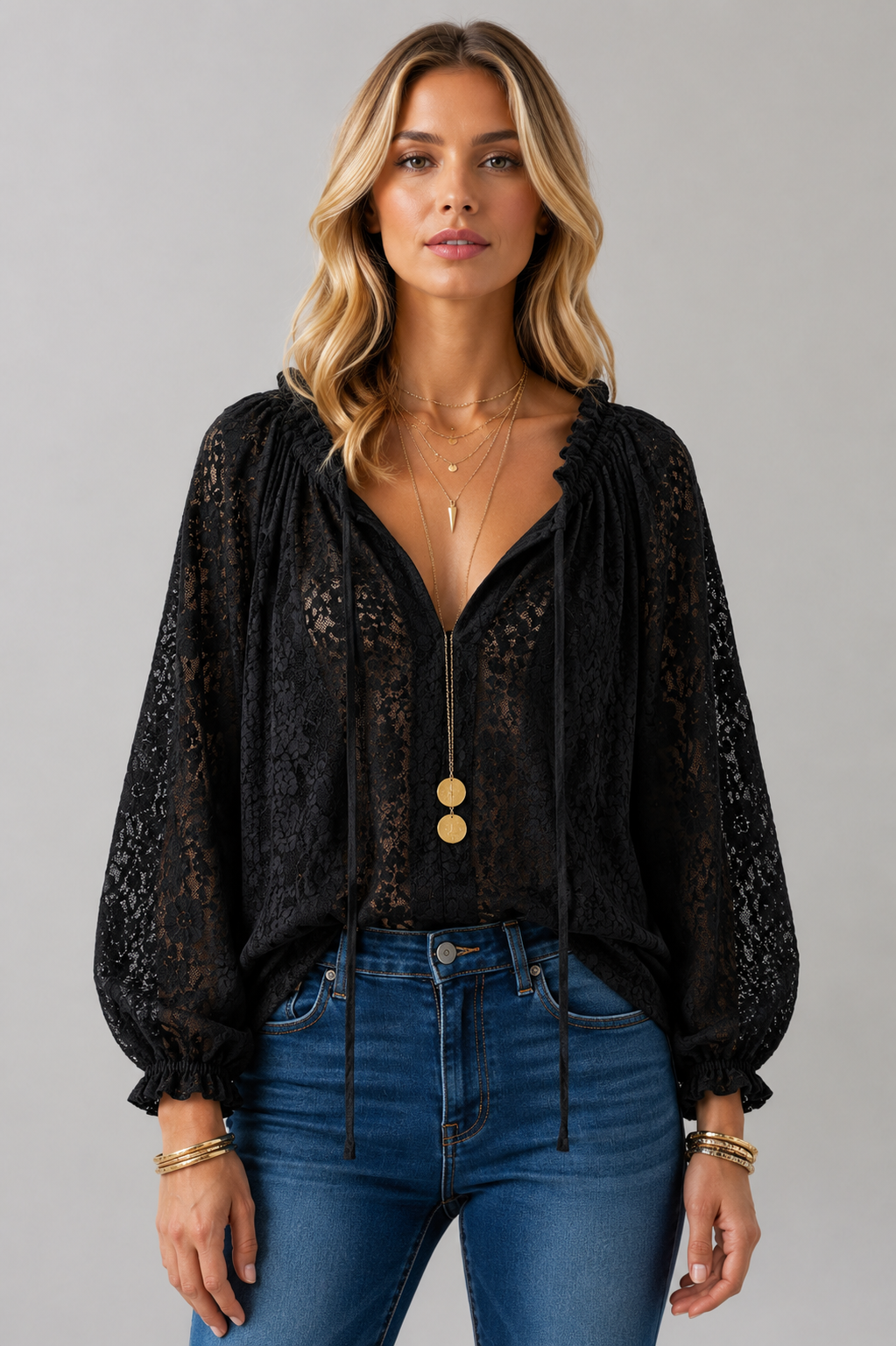 Women's Lace Tie Neck Peasant Blouse