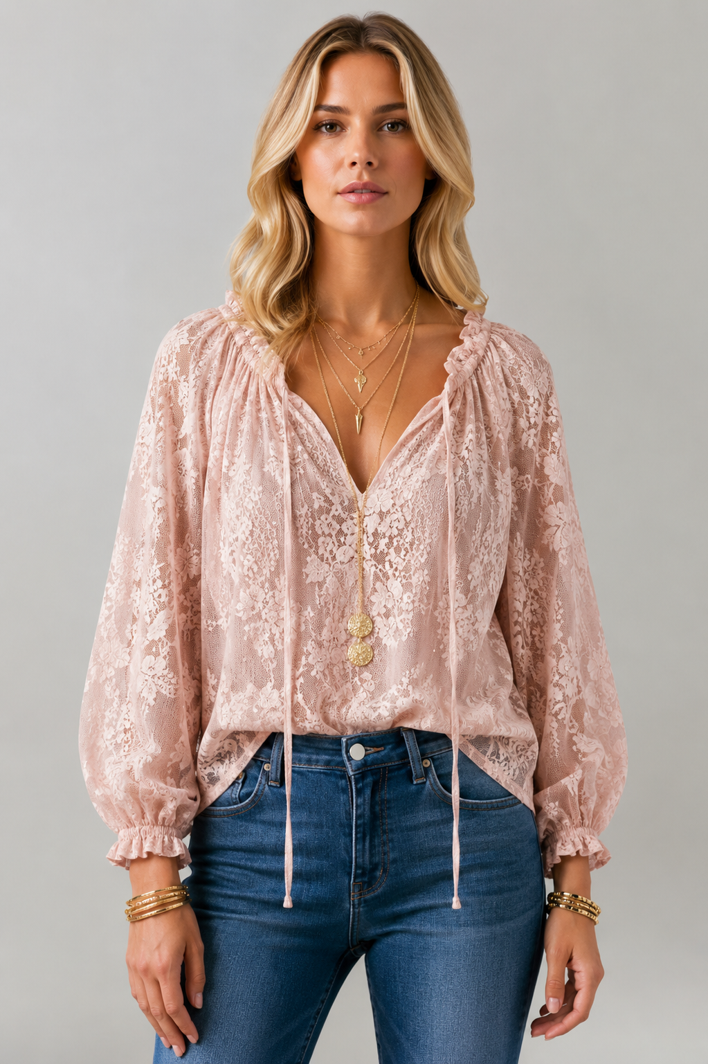 Women's Lace Tie Neck Peasant Blouse