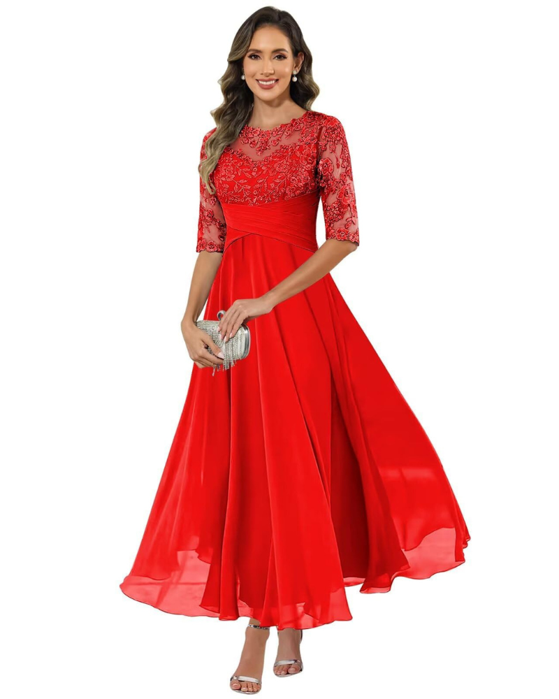 Women's Lace Bodice Chiffon Maxi Evening Dress