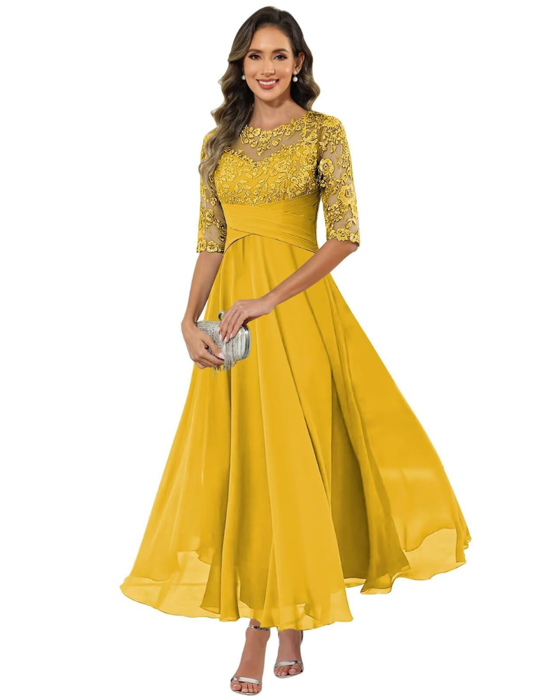 Women's Lace Bodice Chiffon Maxi Evening Dress