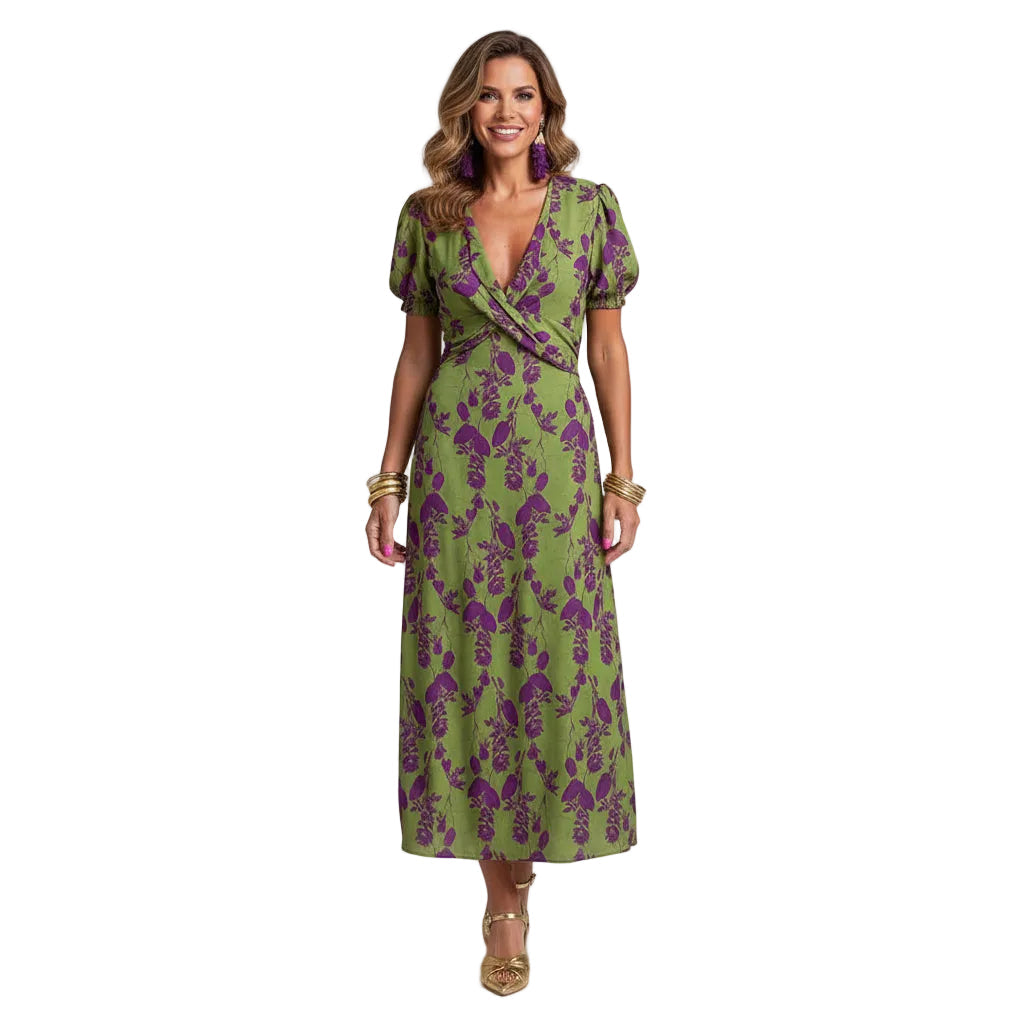 Wrap Maxi Dress with V-Neck and Puff Sleeves