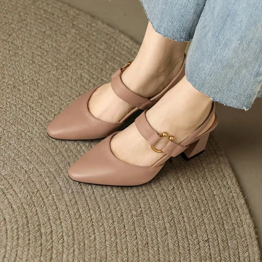 Leather Slingback Pumps with Buckle Detail and Block Heel