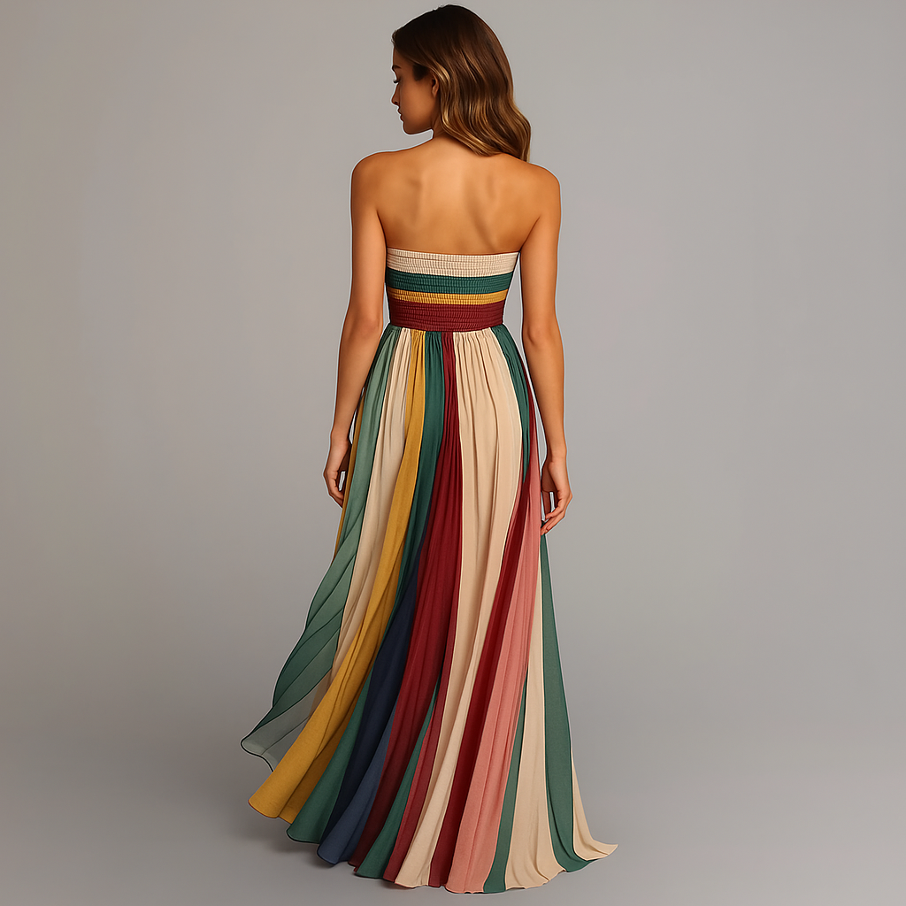 Pleated Strapless Maxi Gown with Striped Design