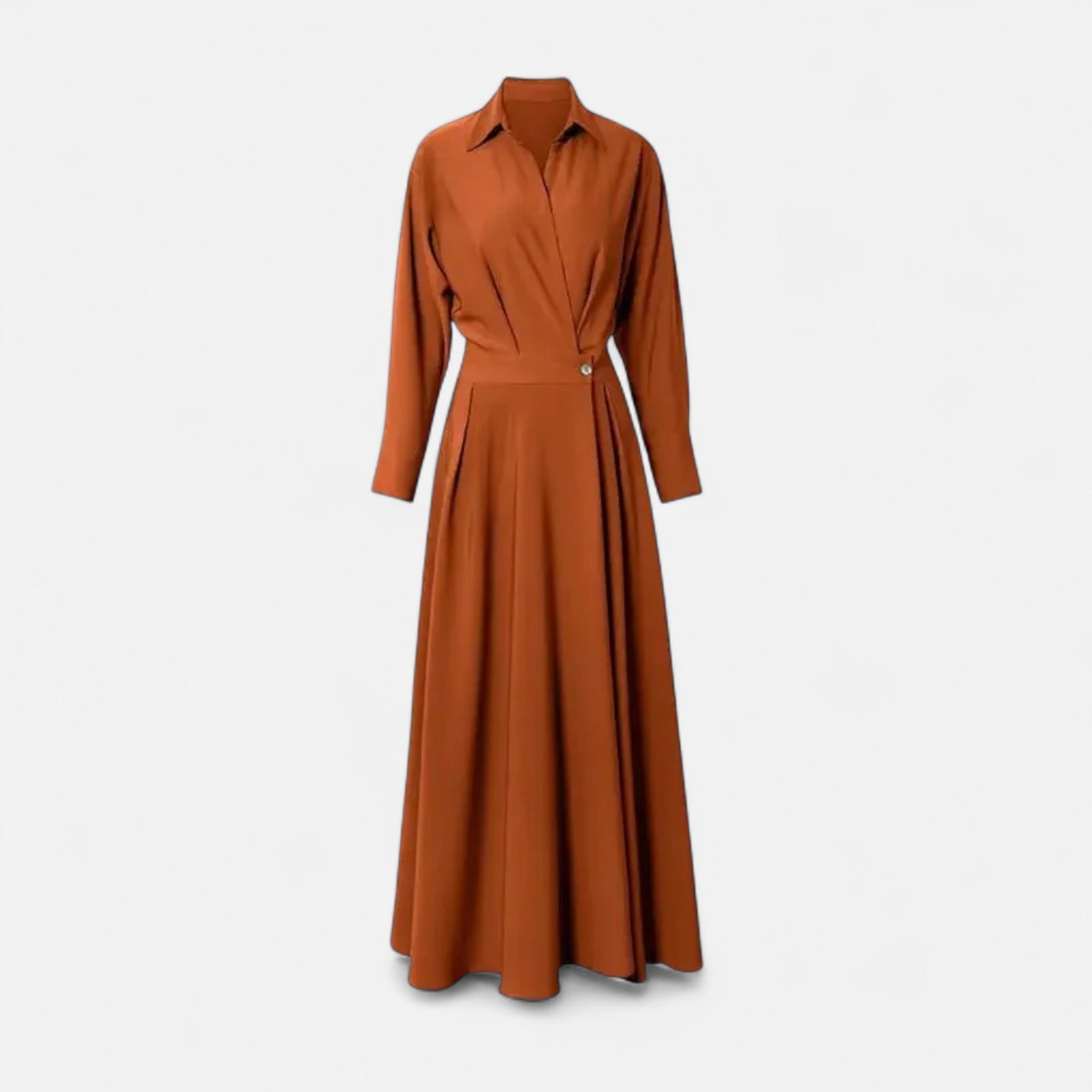 Women's Long Sleeve Collared Pleated Maxi Shirt Dress