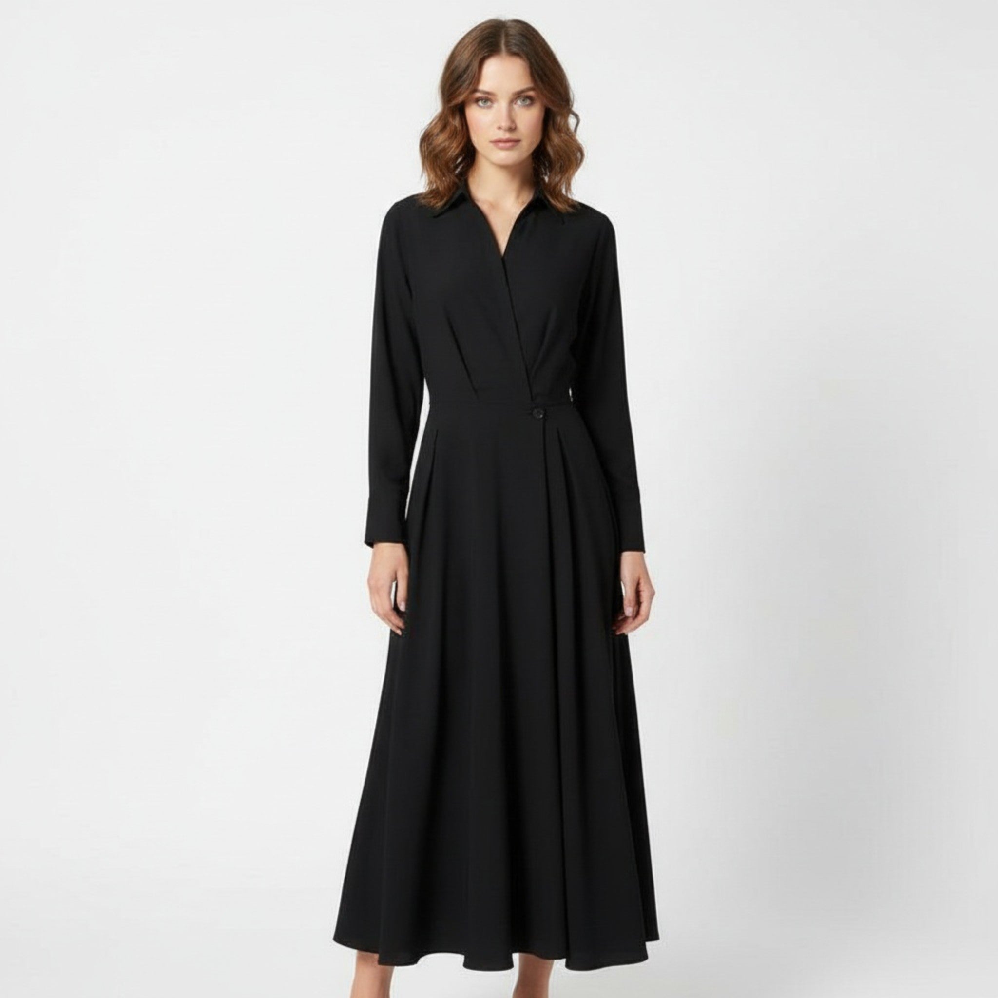 Women's Long Sleeve Collared Pleated Maxi Shirt Dress