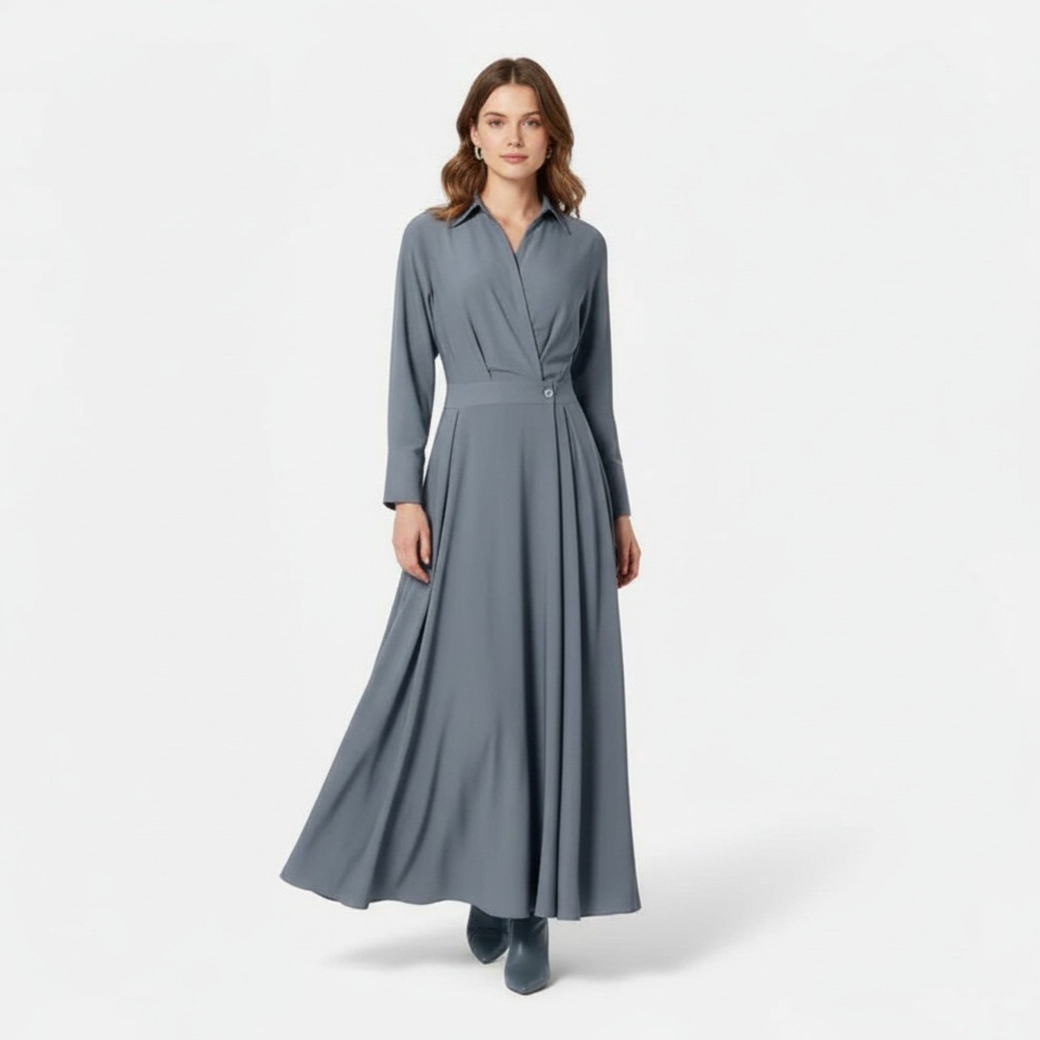 Women's Long Sleeve Collared Pleated Maxi Shirt Dress