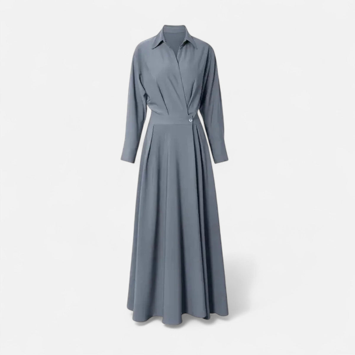Women's Long Sleeve Collared Pleated Maxi Shirt Dress