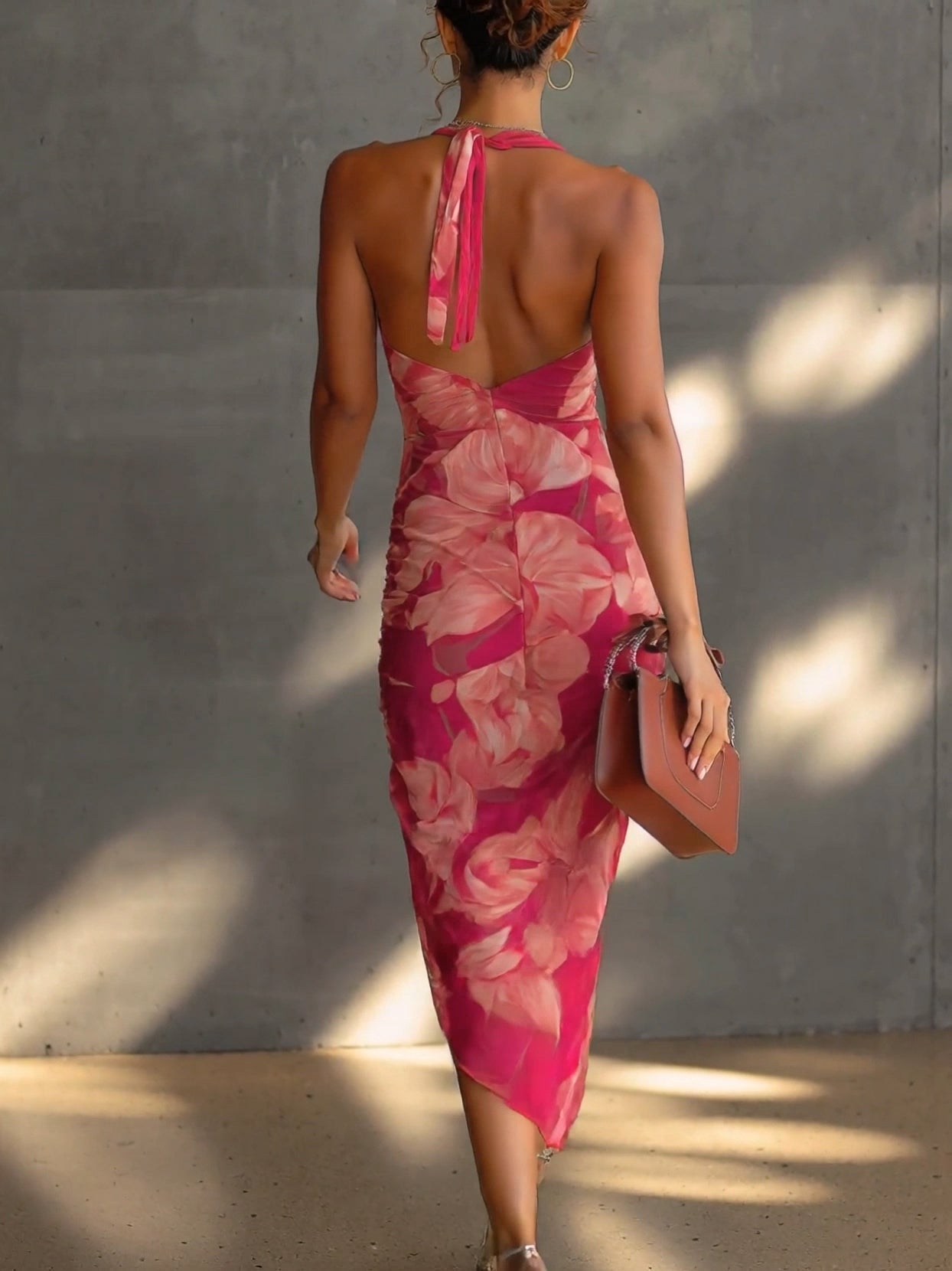 Satin Midi Dress with Cowl Neckline and Ruched Detail