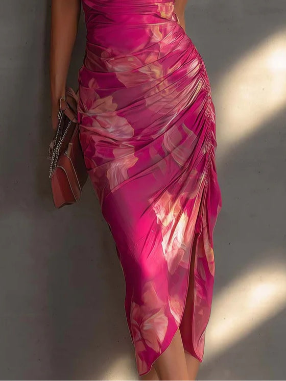 Satin Midi Dress with Cowl Neckline and Ruched Detail