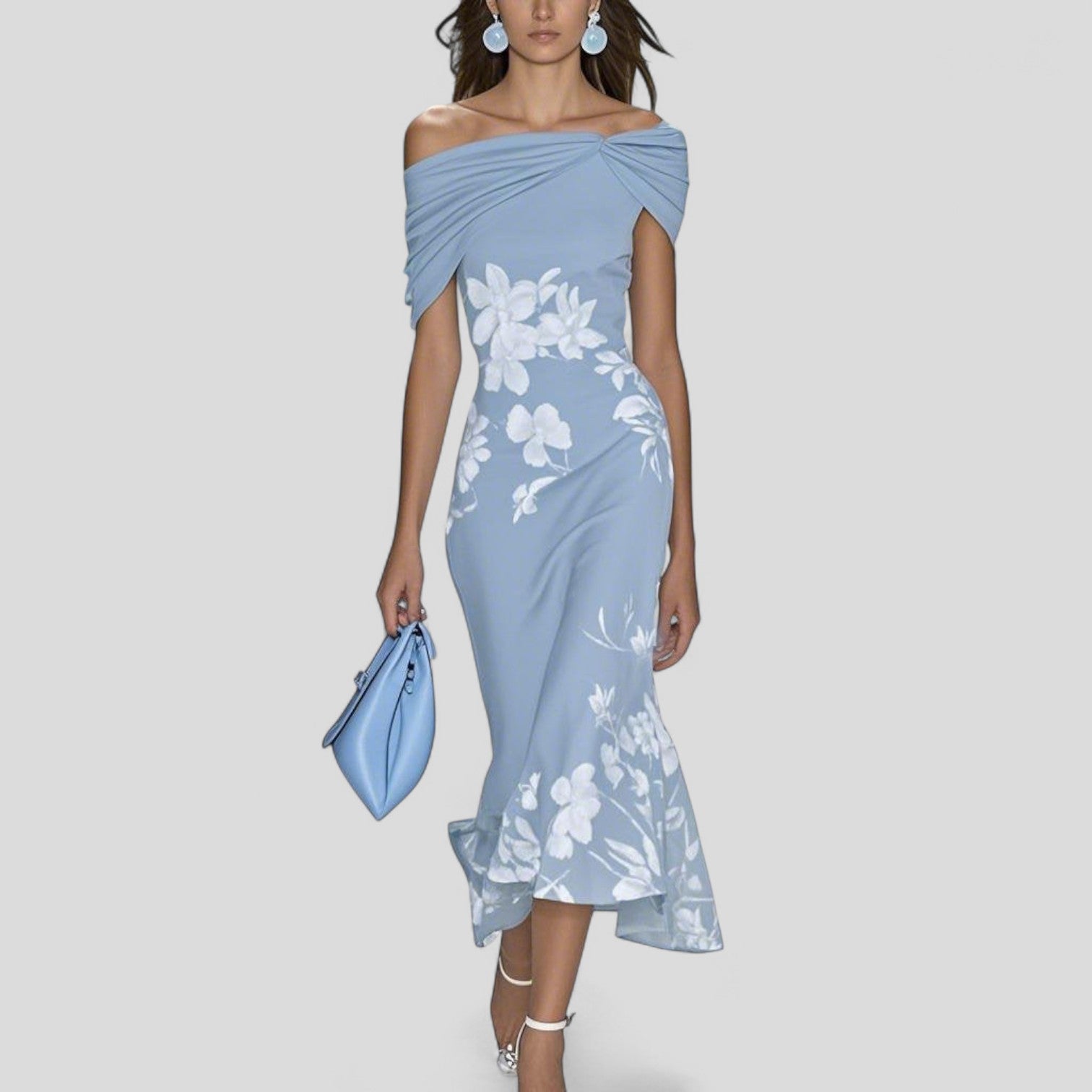 Off-Shoulder Floral Midi Dress with Fitted Bodice