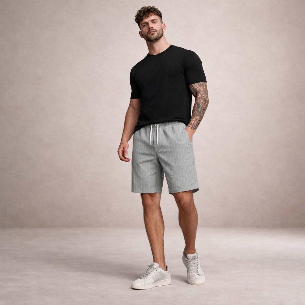 Linen-Blend Drawstring Shorts with Striped Texture