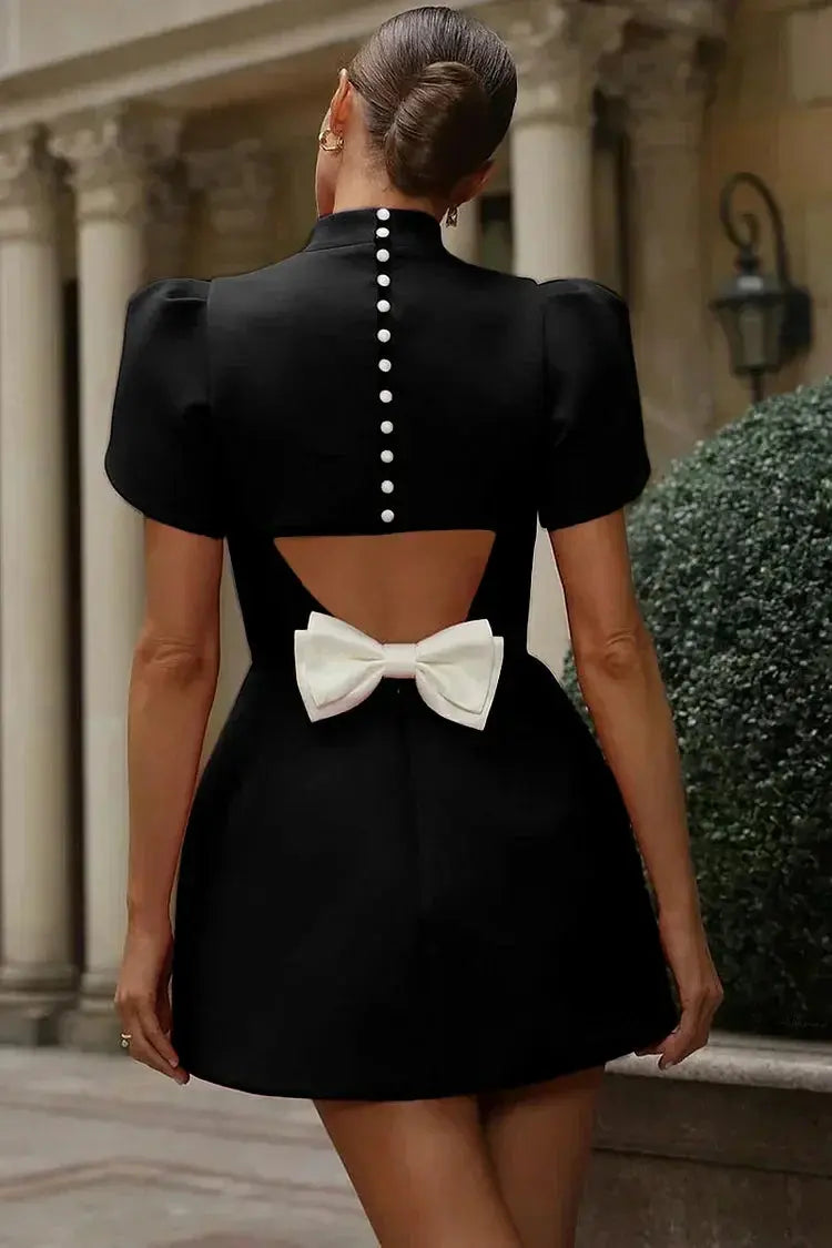 Structured Mini Dress with Puff Sleeves and Mock Neck