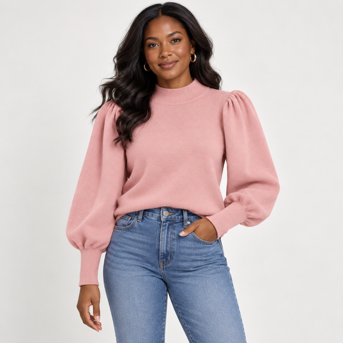 Women's High Neck Jumper with Puff Sleeves